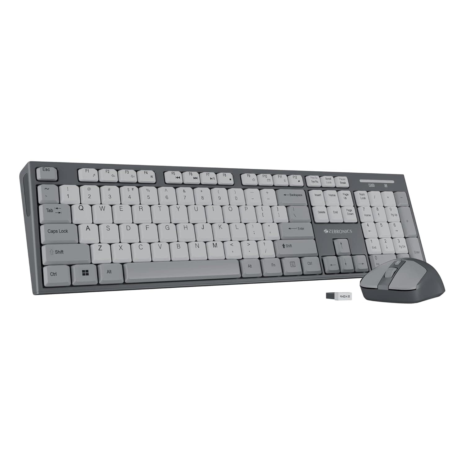 Zebronics Wireless Keyboard & Mouse Combo, 104 UV-Printed Keys, ₹ Key, 12 Multimedia Keys, Retractable Stand, 4 Button Mouse, 1600 DPI, High Precision, USB Nano Receiver (Companion 304, Grey)