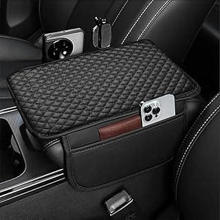 Lyrovo PU Leather Car Armrest Cushion Pad With Side Pockets, Universal Fit for All Car (Black)