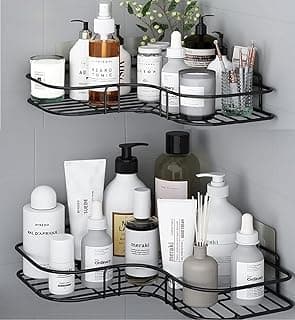 Oslen Metal (Pack of 2 Self-Adhesive Shelf/Storage Organizer for Bathroom and Kitchen Corner Wall Mounted Rack Shelf Bathroom Accessories Storage Rack (No Drilling-Shelf Adhesive) (8 and 9 INCH,Black)