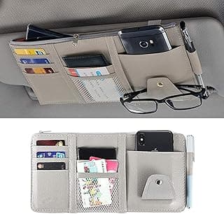 HSR Car Accessories Car Sun Visor Organizer, Sunglass Pen Card Small Document Storage Pouch Holder, PU Leather, Multi-Pocket with Zipper Net (Grey)