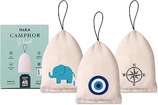 Haka Camphor Pouch –100% Pure Camphor | Multipurpose Natural Chemical Free Air Freshener for Car, Wardrobe, Bathroom & Room | Eco-Friendly Aroma Bag (Pack of 3) (Evil Eye, Compass, Elephant, Natural)