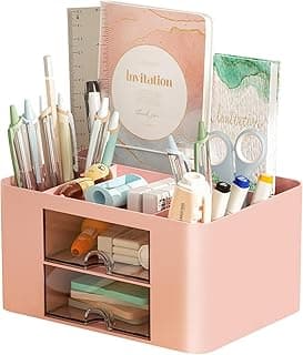 UCRAVO Office Desk Organizer with Drawer, All in One Office Supplies and Cool Desk Accessories Pen Holder, Enhance Your Decor, Desktop 5 Compartments & 2 Drawer Laddered Desk Organizer (Pink)